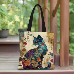 New Medium Floral Abstract Cat‎ Linen Fabric Tote bag summer Beach Shopper